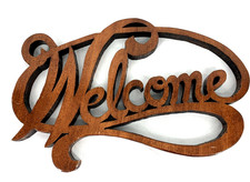 Welcome Sign Cut Wood Script Lettering Brown Wall Decor Handcrafted 13"