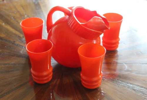 Vintage Set Fire King Anchor Hocking Tangerine Ball Pitcher & 5 Juice Glasses