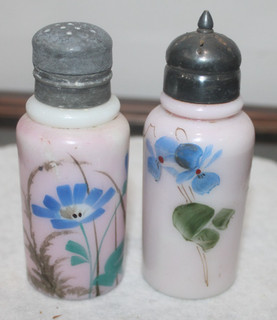 2 VARIOUS VICTORIAN MILK GLASS PINK & BLUE CYLINDER SALT SHAKERS W/ FLORAL DECOR