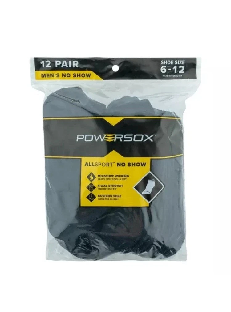 Men's Powersox All Sport Moisture Wicking No Show Socks 12 Pair Black Large 6-12