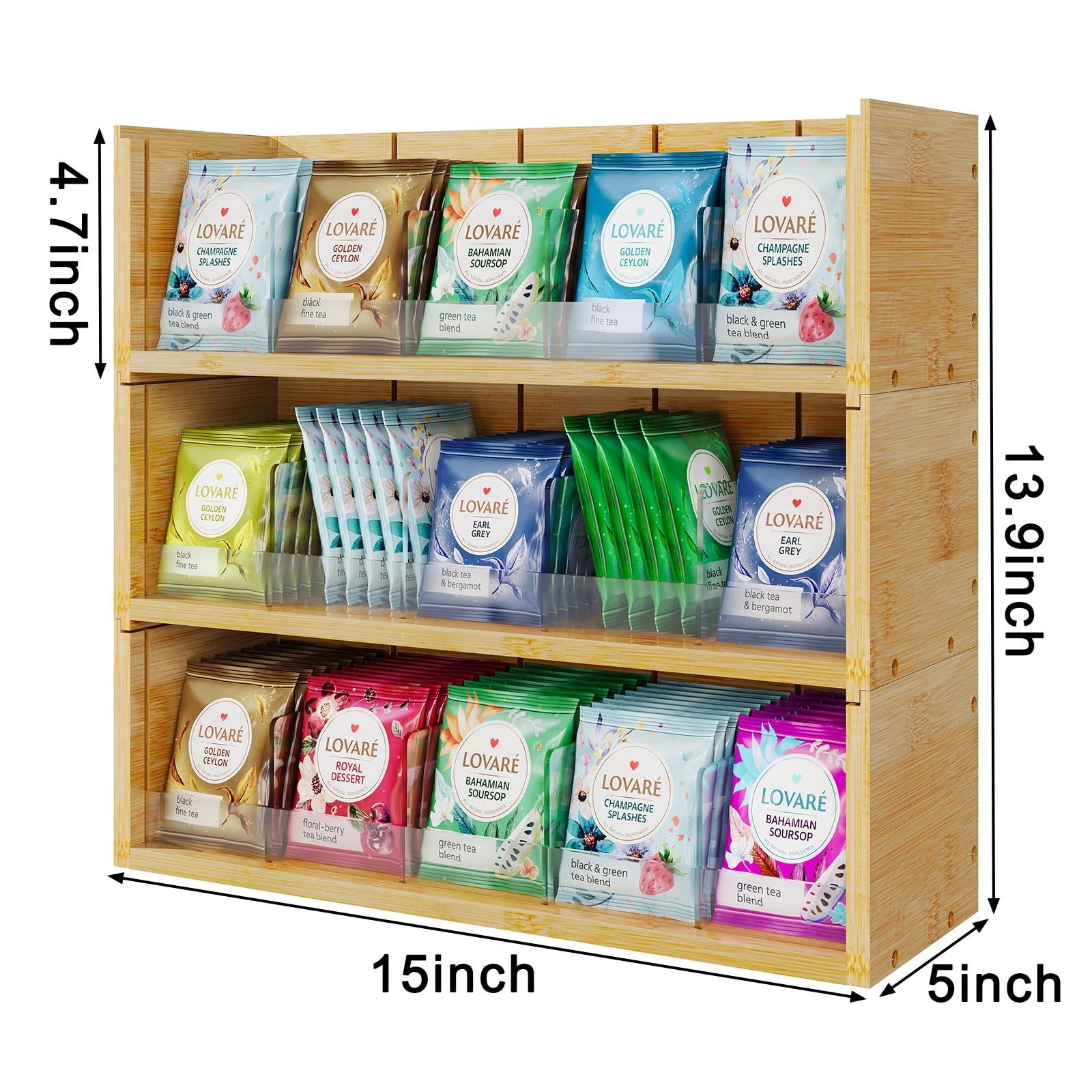 Bamboo Tea Bag Organizer Storage Box, 3 Tier Stackable Tea Bag Box Natural Wo...