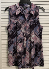 Simply Vera VERA WANG Baby Doll Top Size Med Purple shades patterned button-up