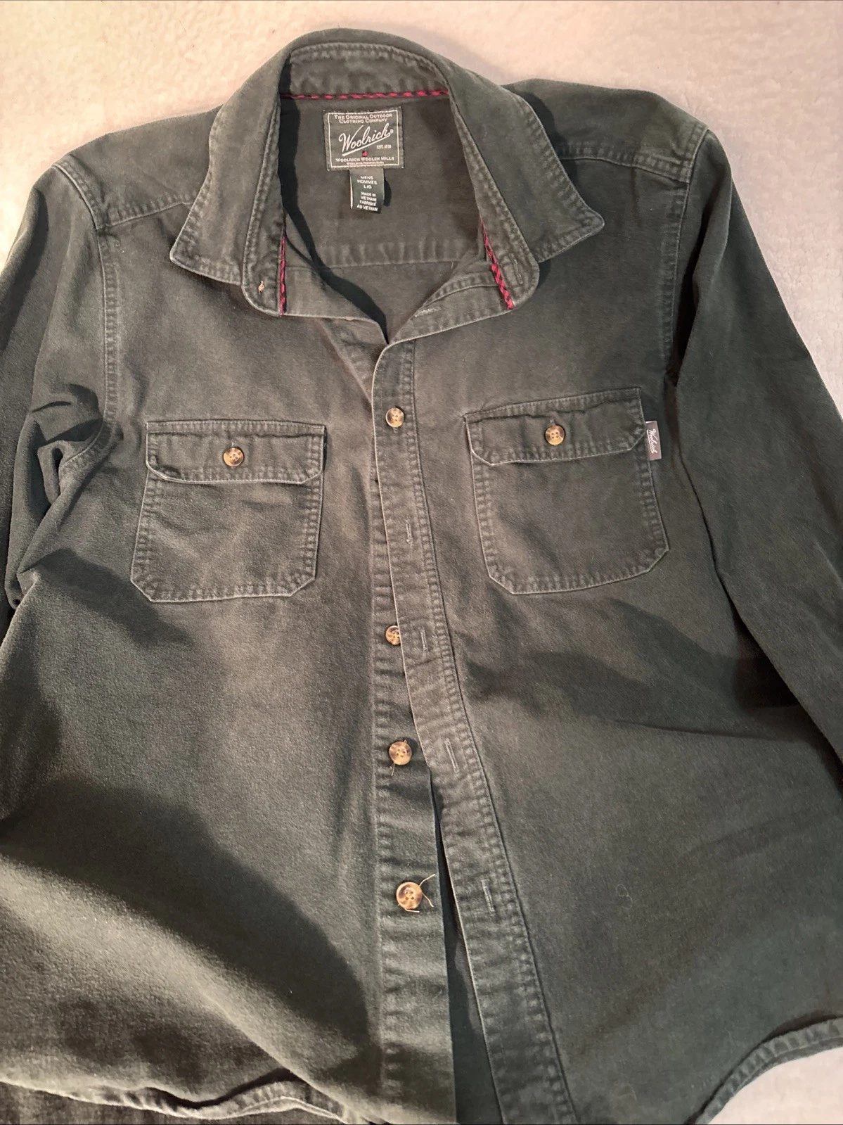 Woolrich Shirt Mens Large Green Button Down Long Sleeve 100% Cotton Outdoor Work