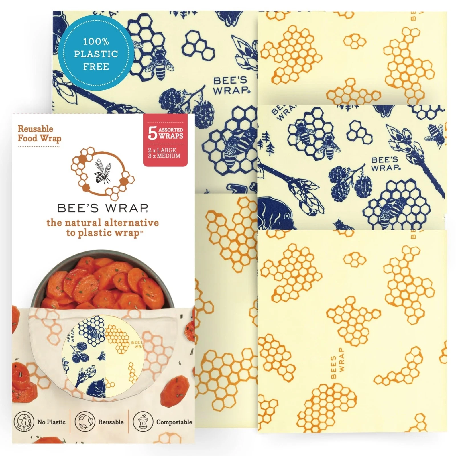 Beeswax Wraps for Food - Assorted 5 Pack of Beeswax Wraps - 2 Large & 3 Mediu...