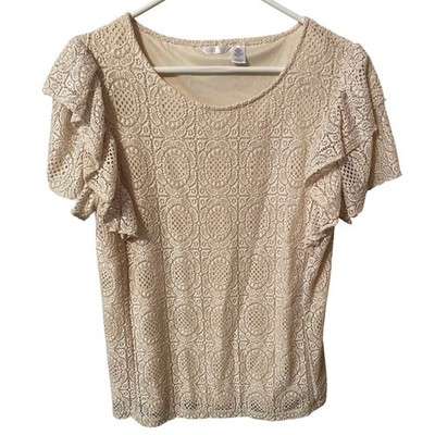 Kaktus Lace Ruffle Flutter Sleeve Blouse Cream Medallion Floral Top L Romantic