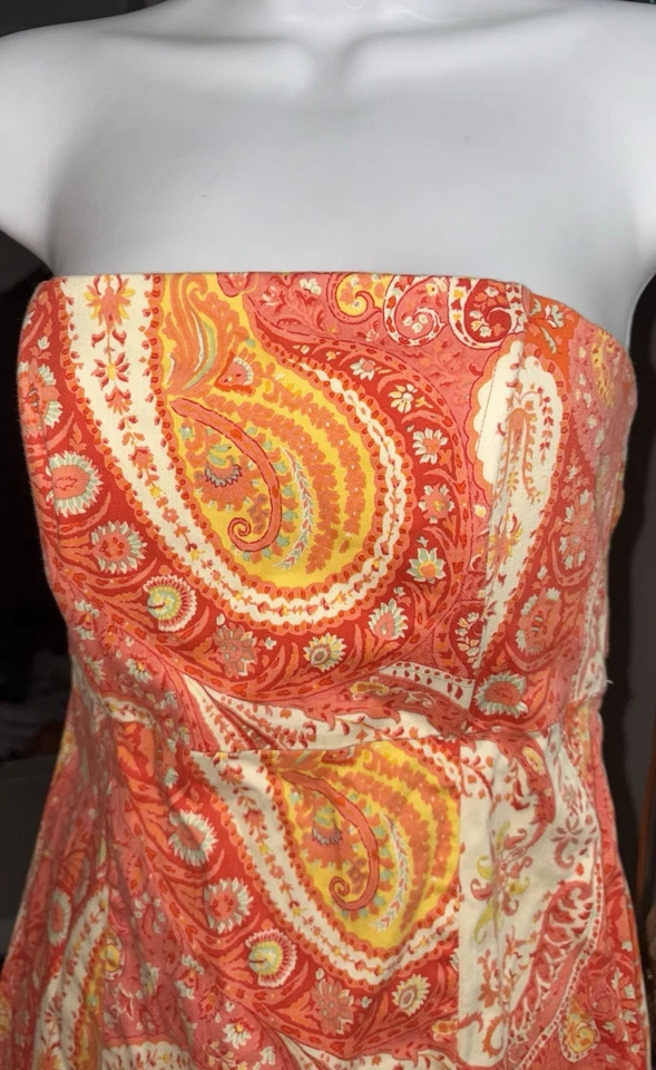 Vestido MODA INTERNATIONAL Naranja Amarillo Verde Paisley Tubo Sin Tirantes Talla 4 Pequeño Foto 3 de 4