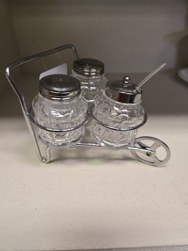 Glass Salt Pepper Shaker Condiment Set with Metal Caddy Retro Kitchen Decor box