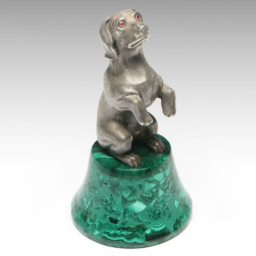 Fabulous Sterling Silver Dachshund Figurine w/ Ruby Red Eyes on Malachite Base