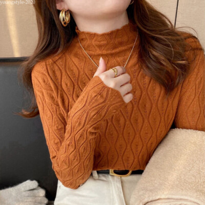 Fall Winter Korean Women Mock Neck Pullover Knit Basic Tops Sweater Blouse Shirt