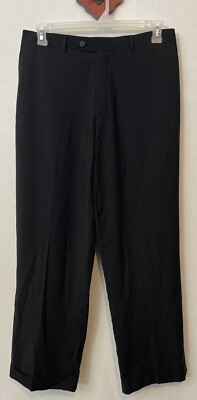 Pallini Mens 36x28 Black Pinstriped Flat-Front Cuffed Dress Pants! A6697