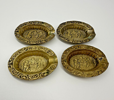 Lot of 4 Vintage Brass Ashtrays Tavern Scene Ornate Embossed   Some Wear