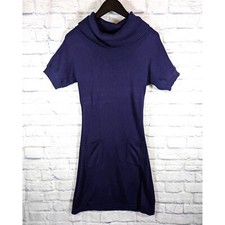 Athleta Zuni Cowl Neck Sweater Dress Size XS Navy Ribbed Pockets Short Sleeve