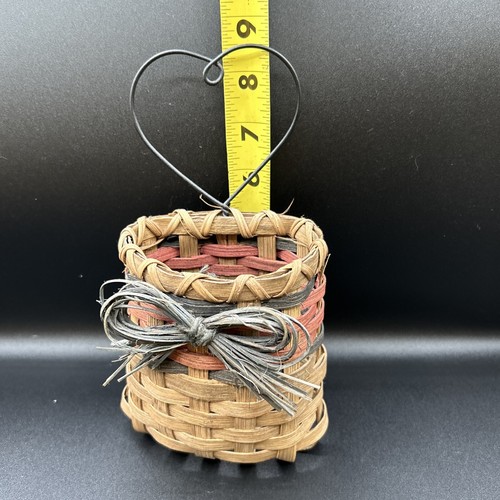 Vintage Wall Hanging Basket with Metal Heart Handmade Woven - Picture 7 of 8