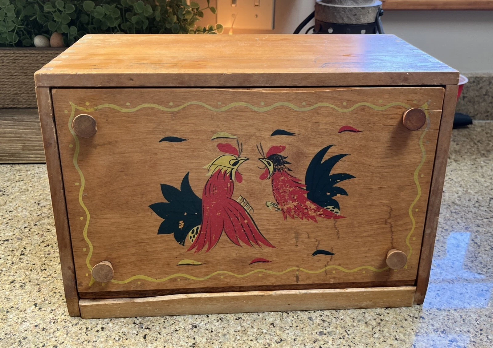 Vintage Wooden Bread Box Drop-Front Door 15”x10”x8”~1960’s rooster paintings