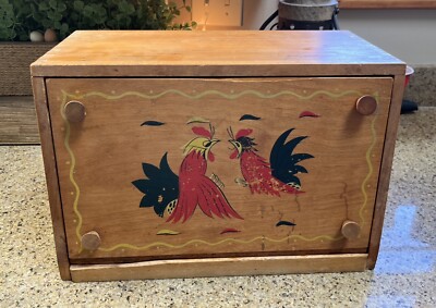 Vintage Wooden Bread Box Drop-Front Door 15”x10”x8”~1960's rooster