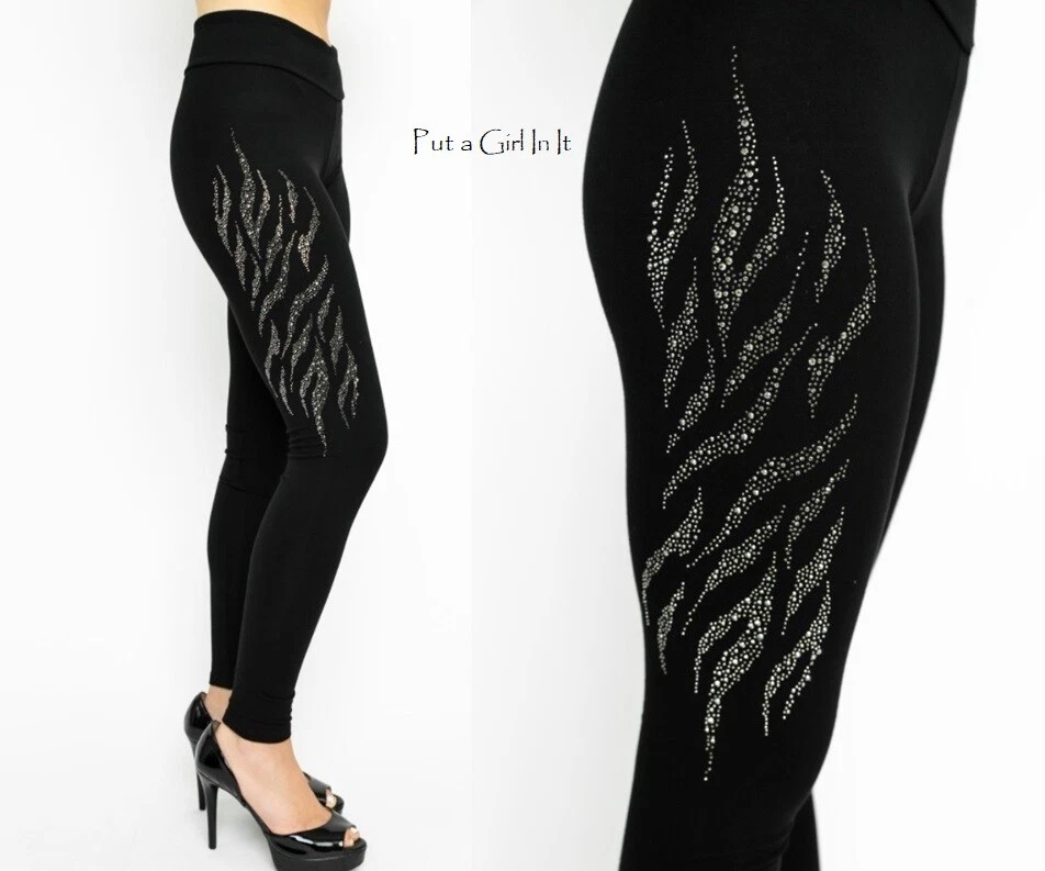 New VOCAL Womens PLUS SIZE CRYSTAL BLING BLACK ANIMAL STRETCH LEGGINGS 1X  2X 3X