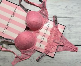 Victoria&rsquo;s Secret Shine Strap Very Sexy Lace Push-Up Bra Thong Set Pink Roses