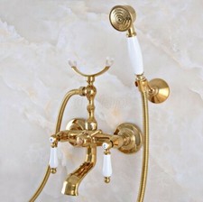 Polished Gold Brass Wall Mount Clawfoot Bath Tub Faucet Tap w/ Handheld Shower