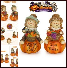 Fall Scarecrow Figurines Pair 5.3 Inch Orange Resin Rustic Harvest Decor