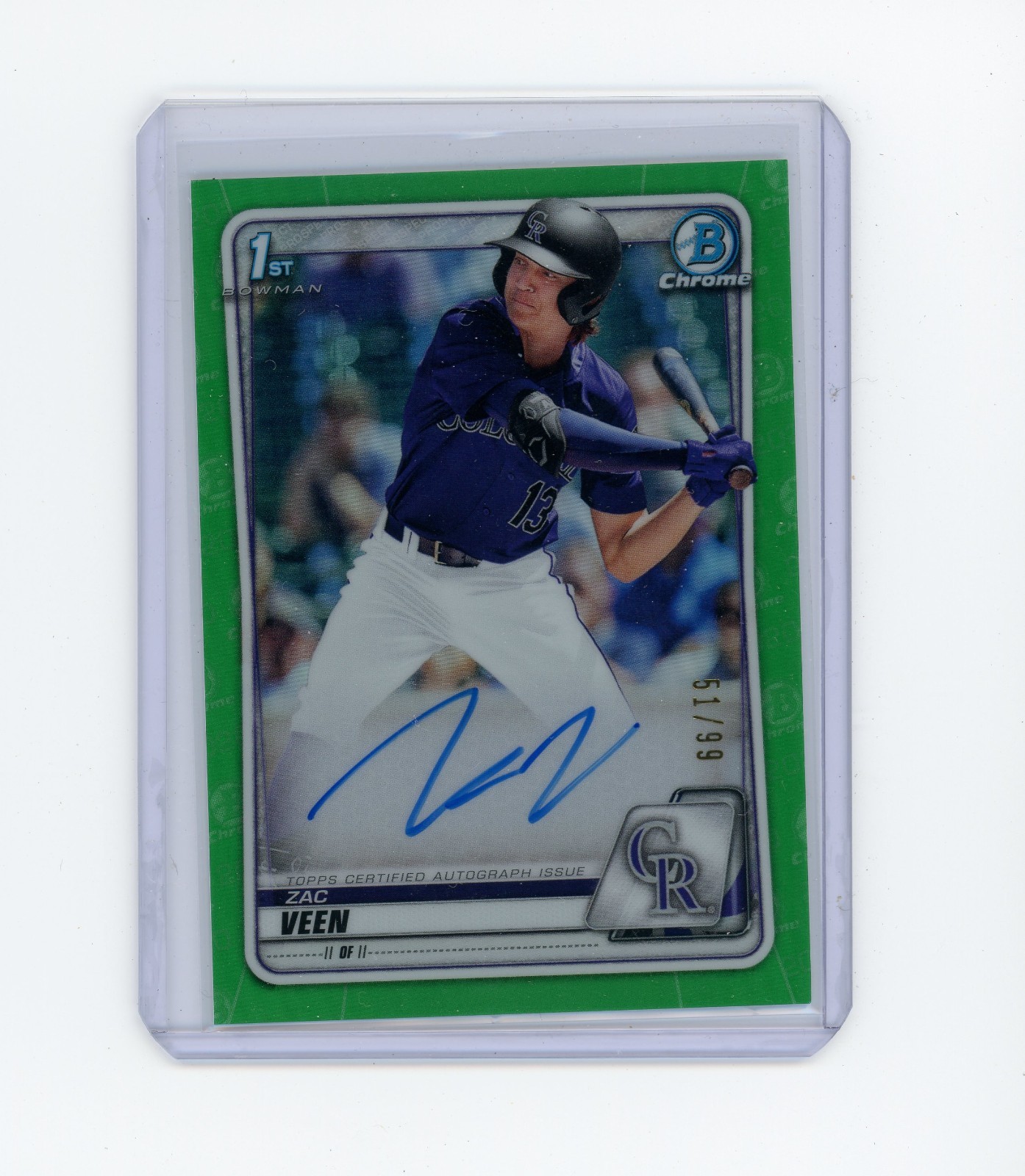 2020 Bowman Draft Chrome Zac Veen #CDA-ZV Green Refractor Auto /99 Rockies