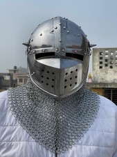 Handmade Steel Knight Helmet with Chainmail Coif Medieval Armor Cosplay