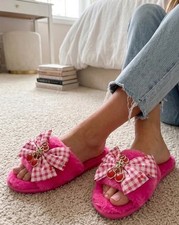 Juicy Couture Hot Pink Fuzzy Slippers Cherry Gingham Bow Y2K Coquette Size 6 S