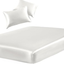 3-Piece Set Satin Twin Fitted Sheet 2 Pillowcase, Ivory White Silky Soft Fi...