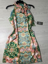 Vince Camuto Sheath Dress Halter Floral Bow Zip Green Blue Pink Yellow 6