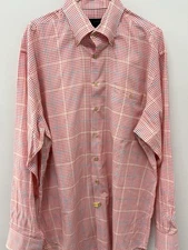 Scott Barber Shirt Mens Large Orange Check Button Up Preppy Casual Cotton L