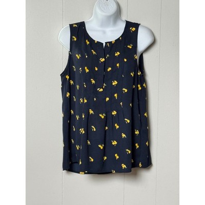 Banana Republic Women's Navy Blue Lemon Print Pleated Sleeveless Blouse Sz Small