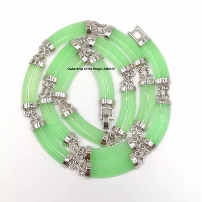 New Heated Light Green Jade 8mm Rectangle White Plated Neacklace 20inch For Her