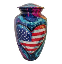 Metal Urn Flag Multi colour Human Ashes Adult Cremation Urns in Velvet Bag 10 in
