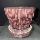 Vtg McCoy USA Pottery 4.25” Basket Weave Flower Pot Planter W/Saucer Purple