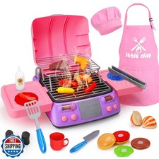 Kids BBQ Grill Playset with Coooking Apron Hat Toddler Girl Pink