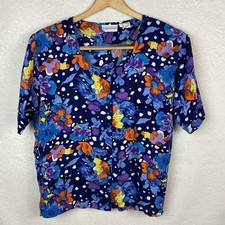 Vtg 80s Floral Square Neck Button Blouse Sz M Art To Wear Made in India Rayon