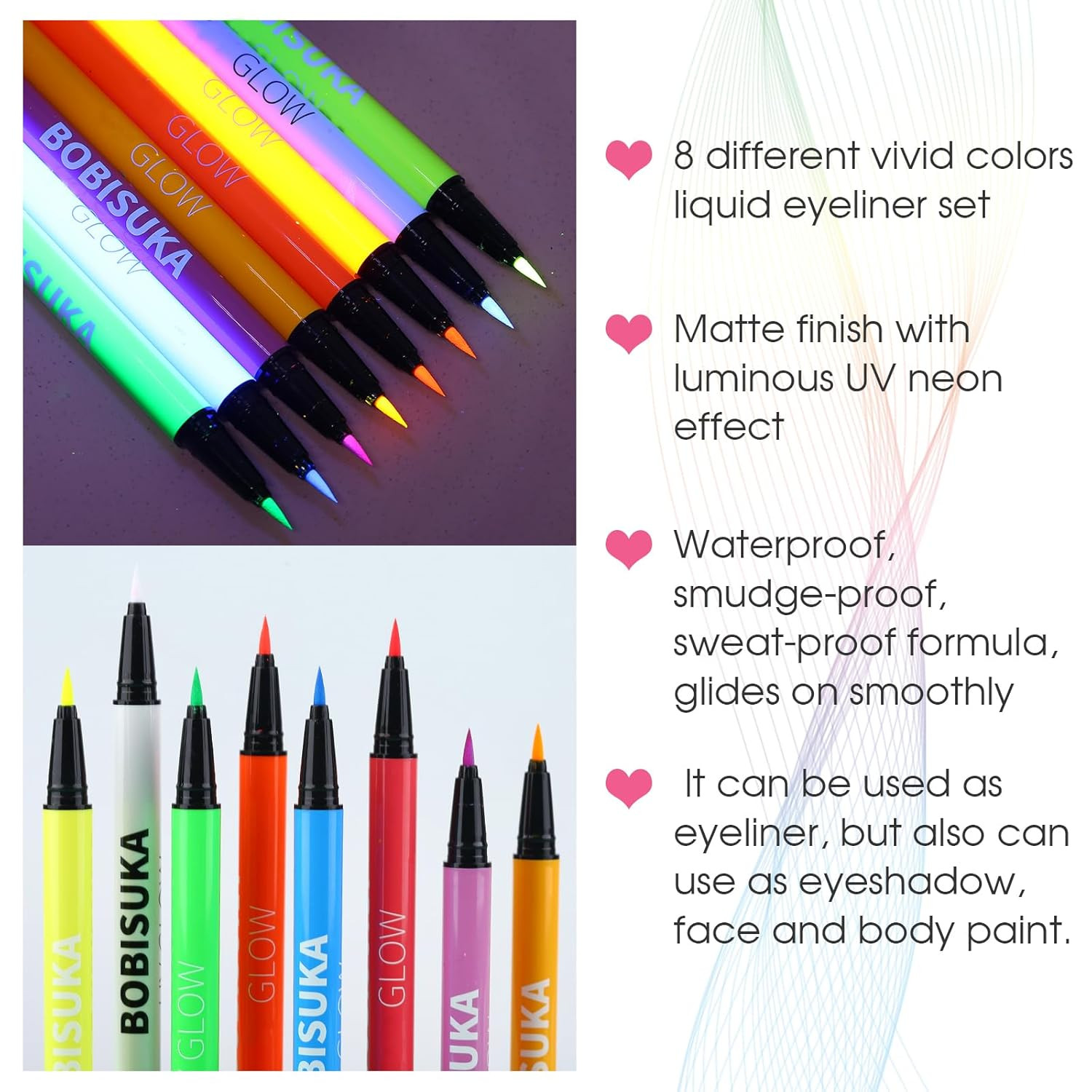 8 Colors UV Neon Liquid Eyeliner Set, Matte Colored Eyeliner Pens, Waterproof