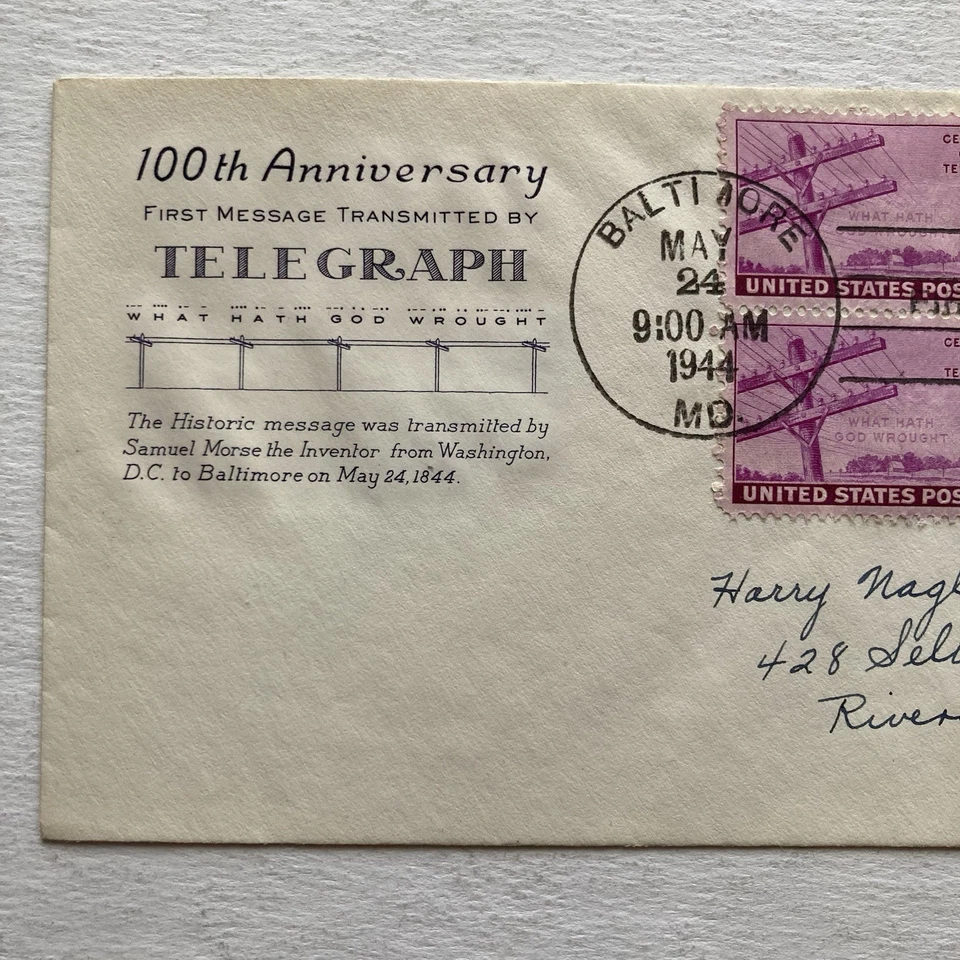 1944 US FDC Stamp 100th Anniversary of the 1st Telegraph Message 5-24-44 4 Block - Image 2 of 4