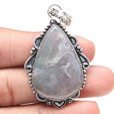 Pendant Moss Agate Gemstone Valentine'Day Ethnic Silver Jewelry 2.25"