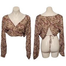 NWT Rue 21 Sz XL Pink Floral Wrap Shirt Cropped Long Sleeve Tie Hippie 