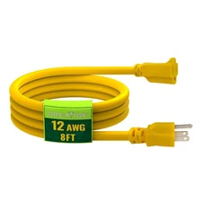 8 Ft Outdoor Extension Cord - 12/3 SJTW Heavy Duty Yellow Extension Cable wit...