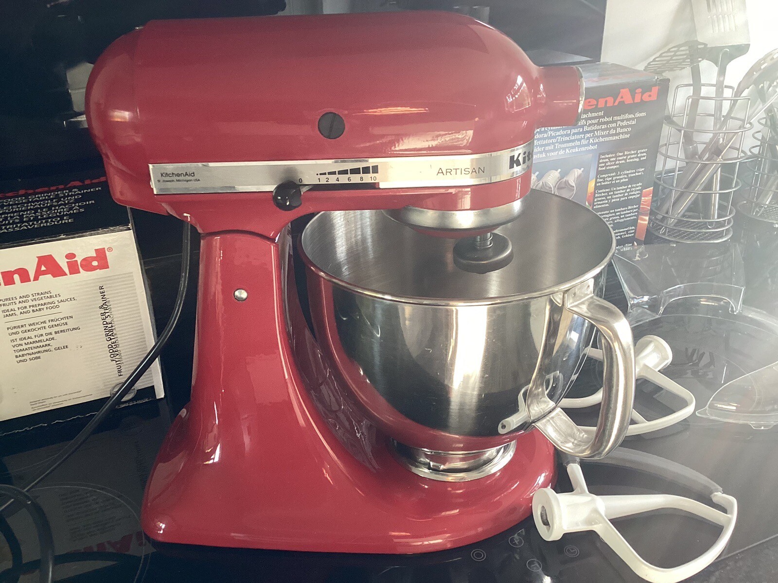 KITCHENAID ARTISAN STAND MIXER BUNDLE, TONS OF EXTRAS, EMPIRE RED