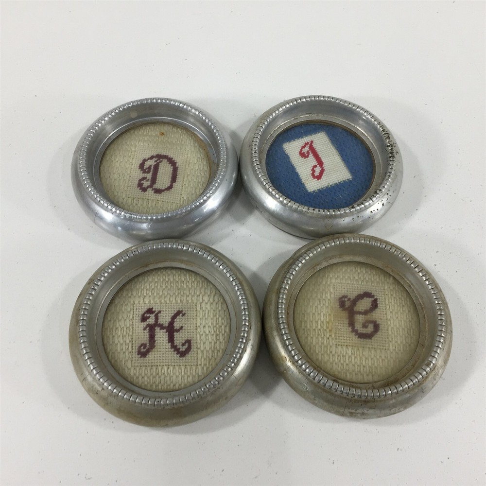 (4) Vintage Silver Plate Coasters Needlepoint Letters D H J C