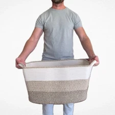Large tan & white cotton rope basket, blanket basket, storage basket, laundry
