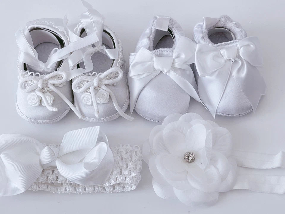 Baby Shower Niña Formal Fiesta Blanco Bautizo Rosa Lazo Satén Zapatos/Diadema Foto 2 de 4