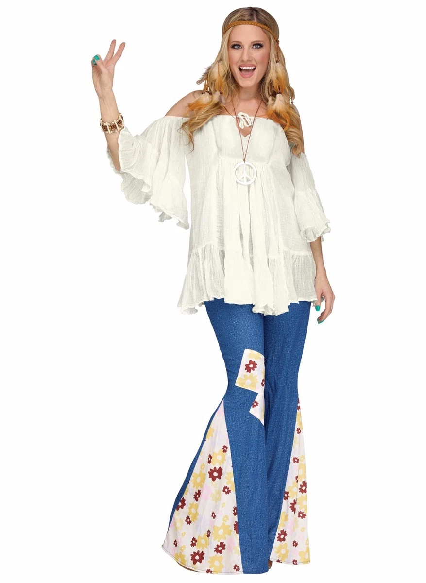 60's Flower Child Hippie Denim-Like Bell Bottom Pants Adult