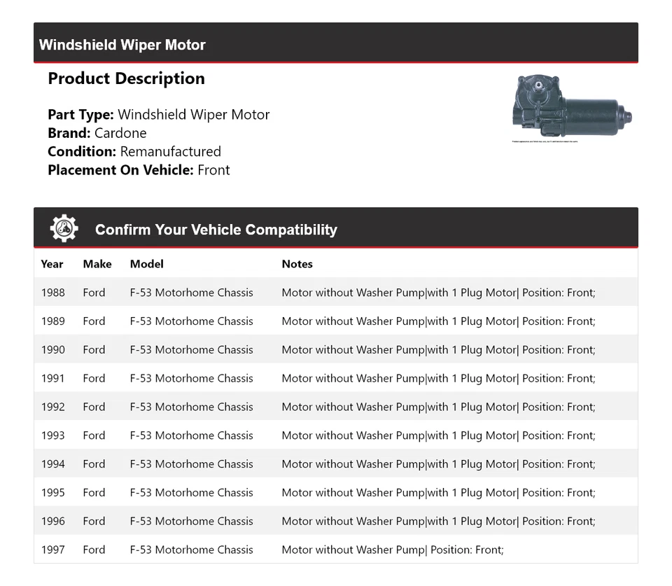 Para Ford F-53 1988-1997 Autocaravana Chasis Parabrisas Limpiaparabrisas Motor Delantero Cardone Foto 2 de 4