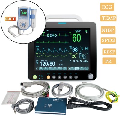 USA 12'' Portable Patient Monitor Vital SignsECG,RESP,TEMP,PR, SPO2,NIBP+gift