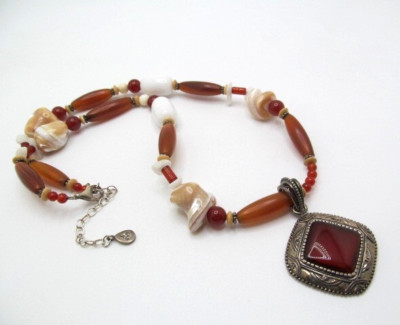 Barse 925 Sterling Silver Moonstone Quartz & Carnelian Natural Stone Necklace