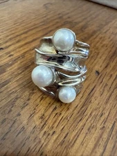Hagit Gorali HG Israel Sterling Silver Triple Pearl Sculptured Ring Size 6.25