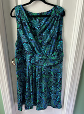 Talbots Womens Dress Blue Green Floral Sleeveless V Neck Stretchy Size 20